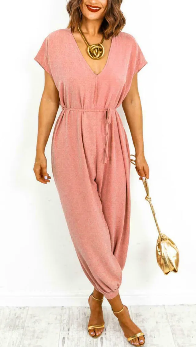 Women's V neck Lace up Waist Harem Pants Wide Leg Pants S Peach - Shop at LoveMi