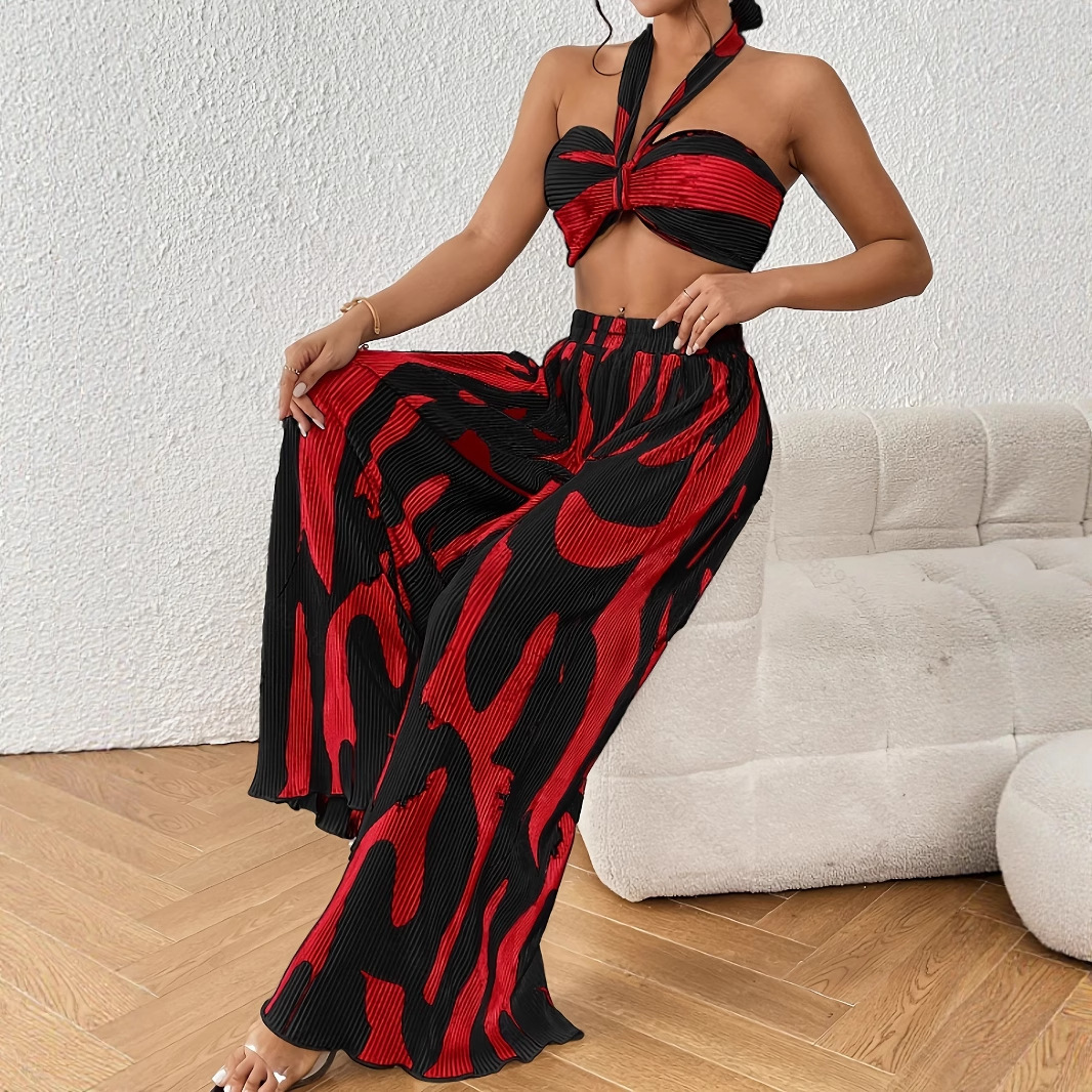 Halter Tube Top Flame Wide-leg Pants Suit