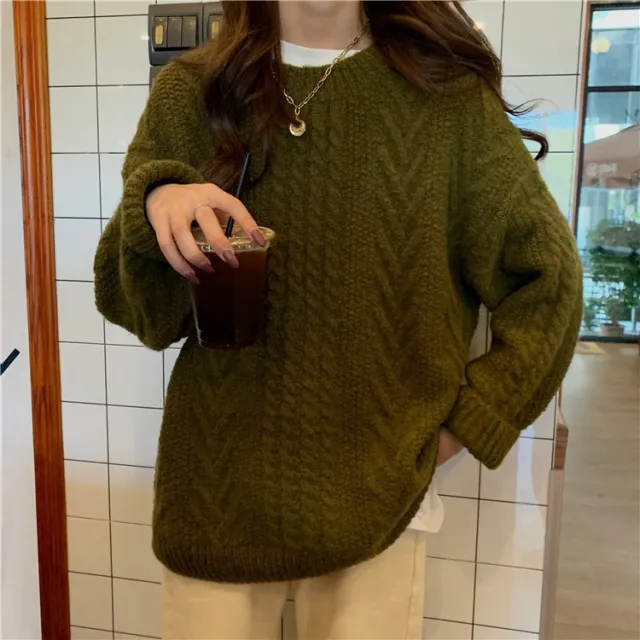 Thick Hemp Flowers Knitted Round Neck Sweater Retro Loose Top Green - Shop at LoveMi