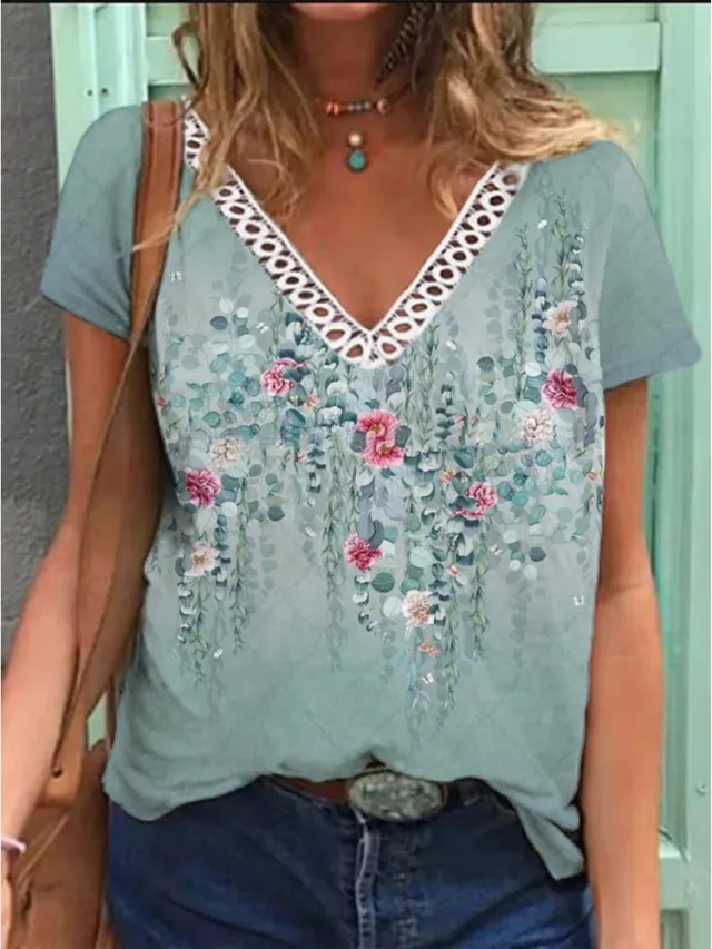 Women's V neck Lace Casual Top Short Sleeve Printed Stitching T shirt 7 Style - Shop at LoveMi