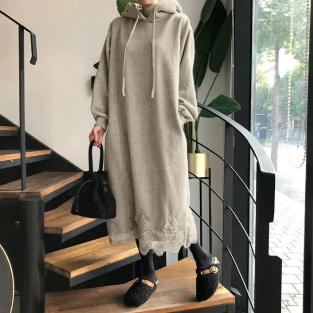 Lace Trim Plus Size Long Hoodie Dress Khaki - Shop at LoveMi