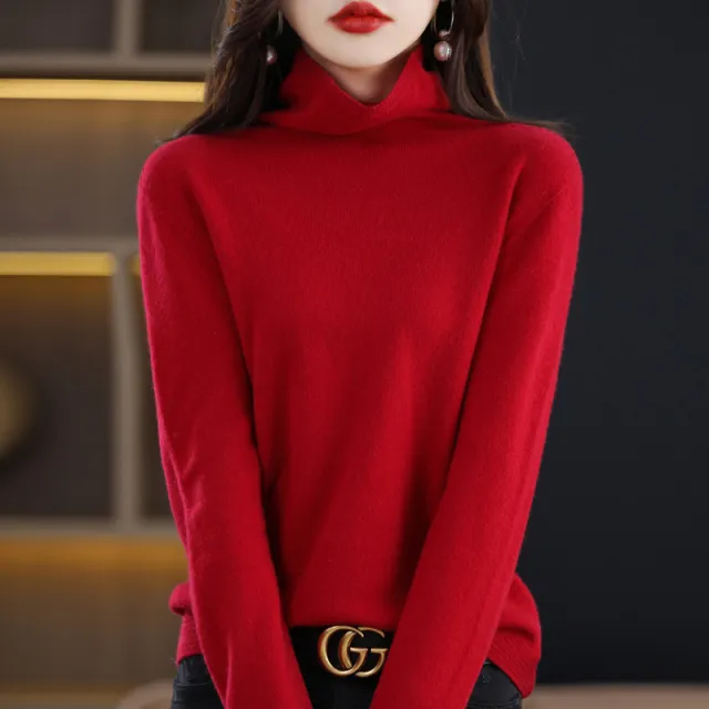 Women's Pile Collar Pullover Long sleeved Sweater Red - Shop at LoveMi