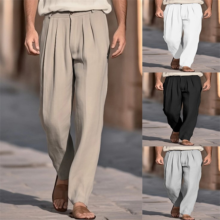 Mens Linen Front-pocket Pleated Loose-fit Casual Straight-leg Trousers