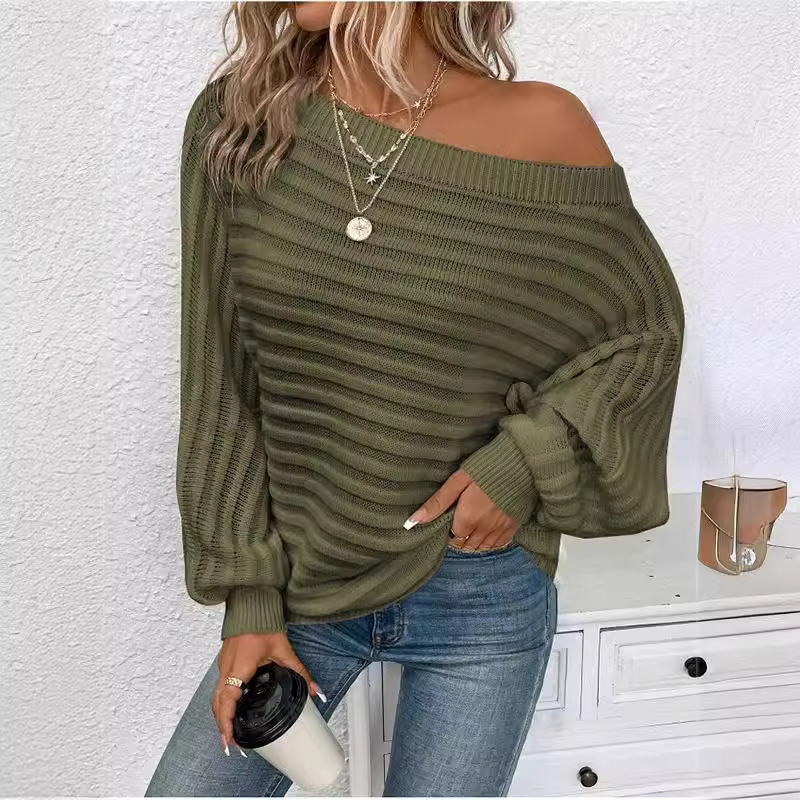 One-shoulder horizontal stripe ribbed pullover knit top solid color long-sleeved sweater