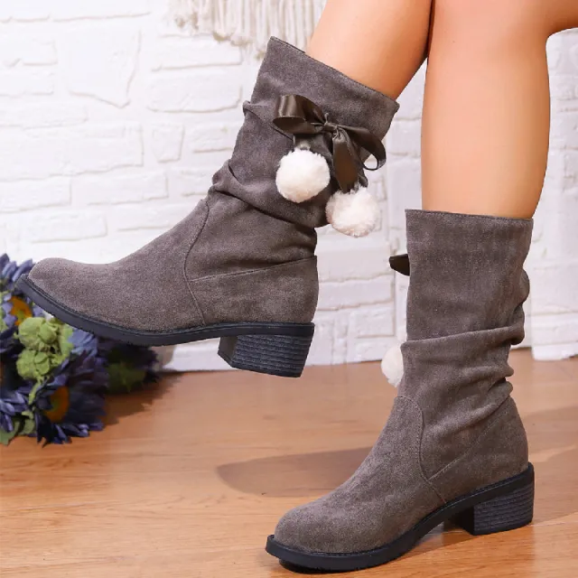 Mid calf Boots British Style Suede Round Toe Chunky Heel Gray - Shop at LoveMi