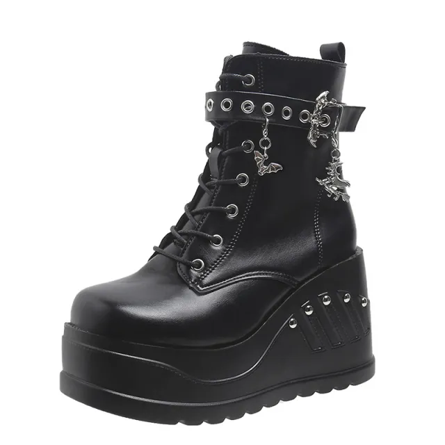 Dark Gothic Rivet Wedge Short Boots Black - Shop at LoveMi