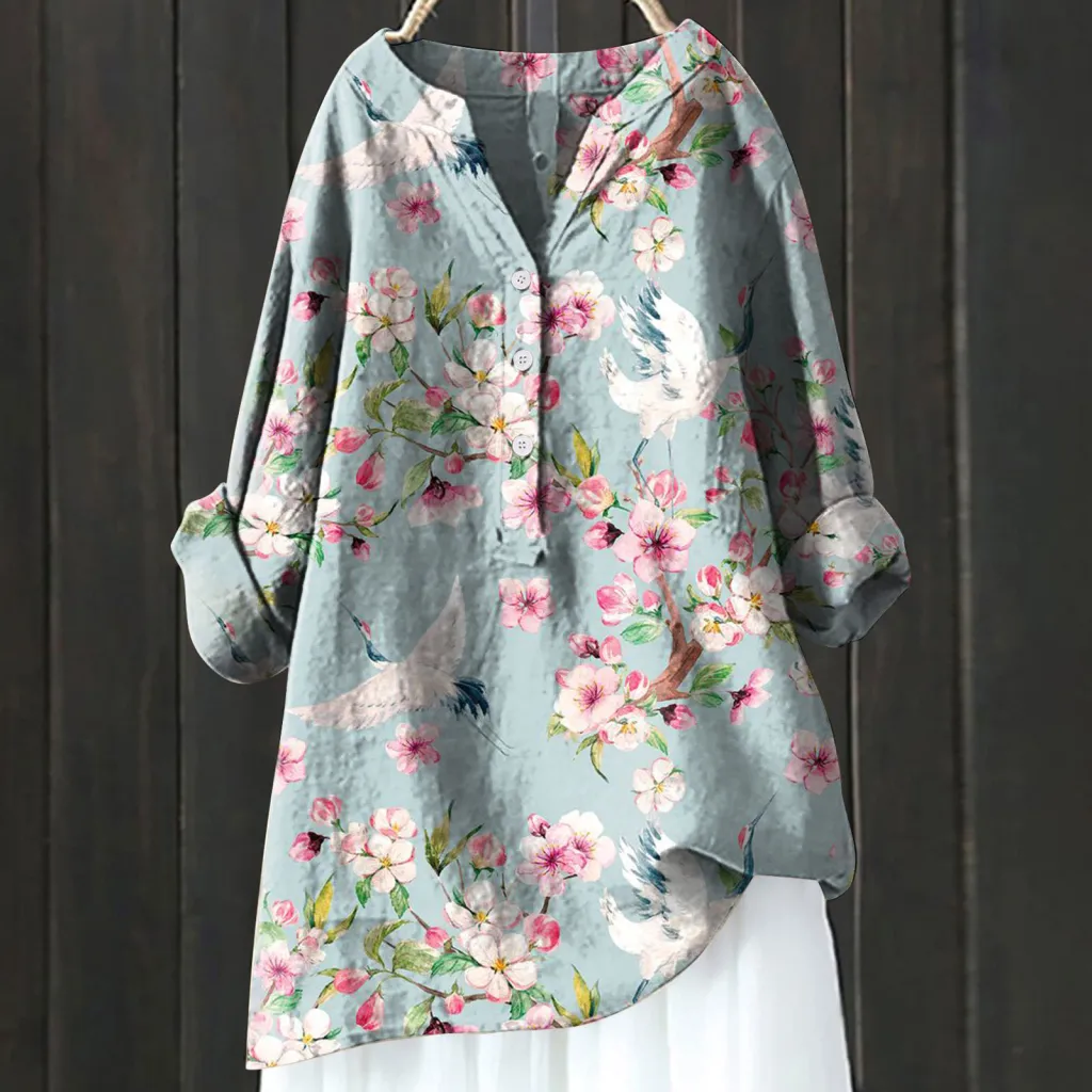 Long Sleeve Slub Linen Comfort Printing All-matching Shirt - Xl240533 Hcy11-S