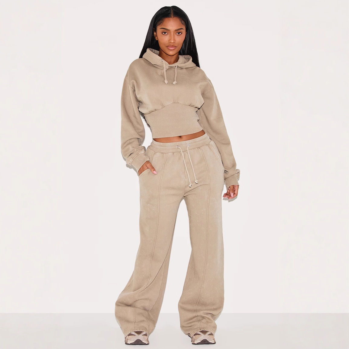 Hooded Drawstring Sweatshirt And Lace-up Pants Two-piece Set
