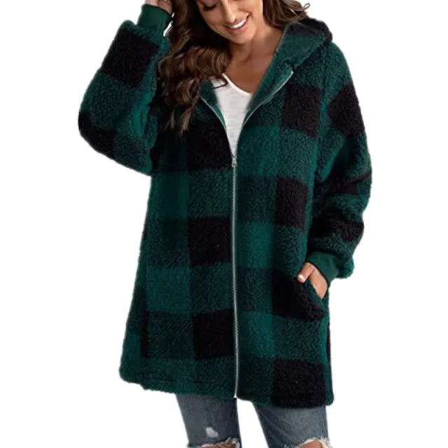 European Velvet Women's Long sleeved Plaid Hooded Zipper With Pockets Baggy Coat Green - Shop at LoveMi