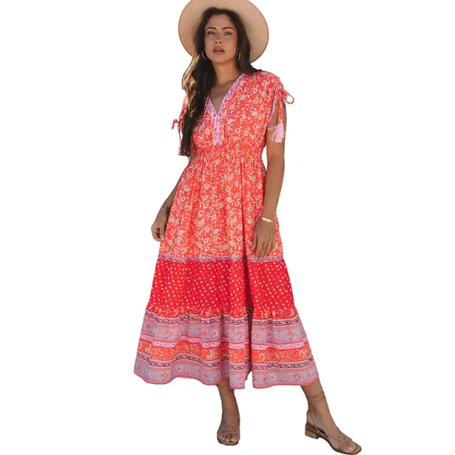 Women's High Waist A Line Floral Printed V neck Dress Lc6122527 Flowers - Shop at LoveMi