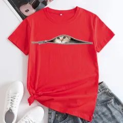 Cat Printing Cotton Round Neck Short Sleeve Women's T-shirt Tops - Red - View 1