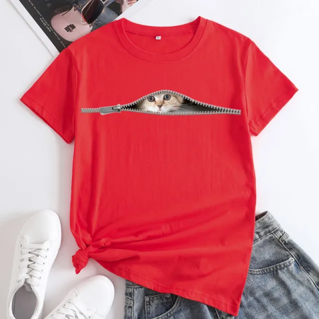 Cat Printing Cotton Round Neck Short Sleeve Women's T shirt Tops Red - Shop at LoveMi