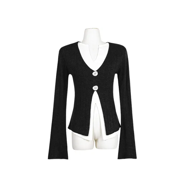 Waist tight Slimming False Two piece Knitted Shirt Black - Shop at LoveMi