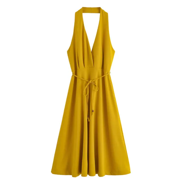European And American Style Summer Lace up Hanging Collar Sleeveless Dress Yellow - Shop at LoveMi