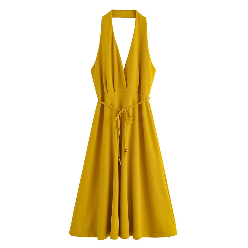 European And American Style Summer Lace-up Hanging Collar Sleeveless Dress - Yellow
