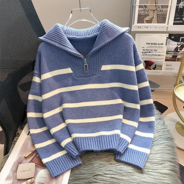 Women's Contrast Color Striped Sweater With Zipper Blue - Shop at LoveMi