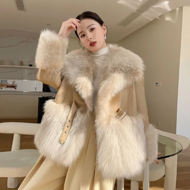 Big Fur Collar Stitching For A Woman Faux Coat Beige - Shop at LoveMi
