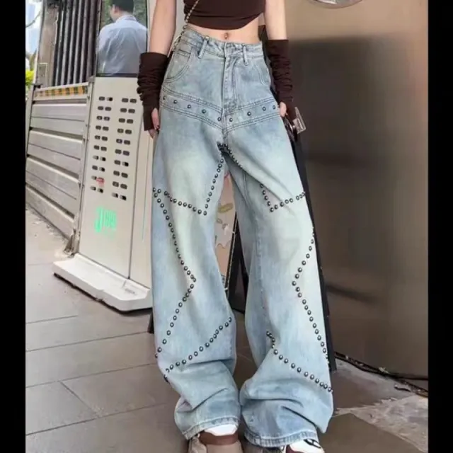 Women's High Waist Reverse Personalized Wide leg Mop Straight Jeans Light Blue - Shop at LoveMi