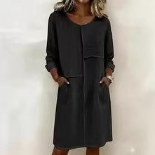 Solid-color V-neck Three-quarter-sleeve Womens Dress