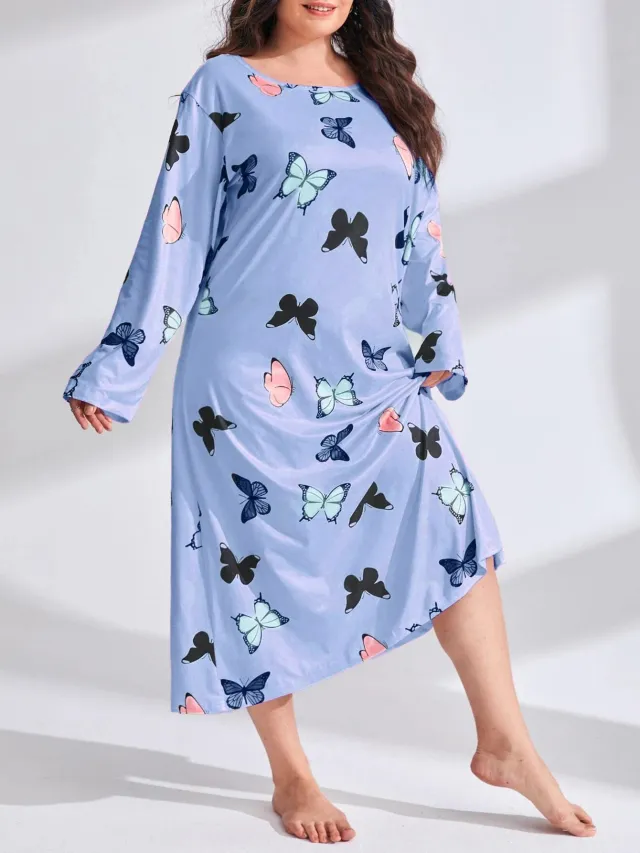 Women's Long Sleeve Printed Drop Shoulder Maxi Dress Blue - Shop at LoveMi