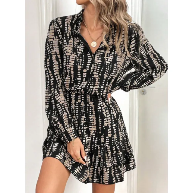 Fashion Printed Ruffled Long Sleeve Dress Women Black - Shop at LoveMi