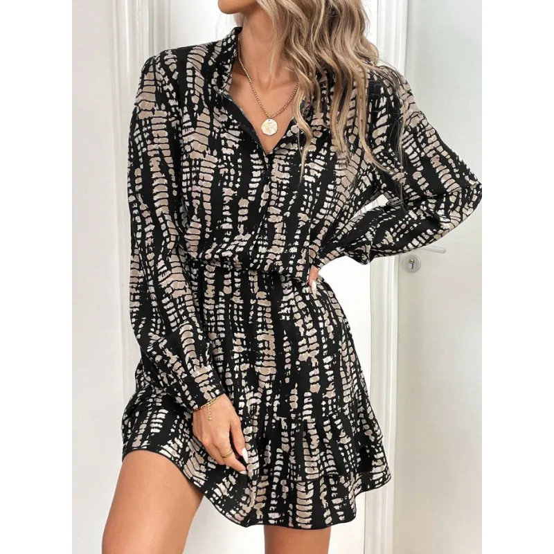 Fashion Printed Ruffled Long Sleeve Dress Women - Black