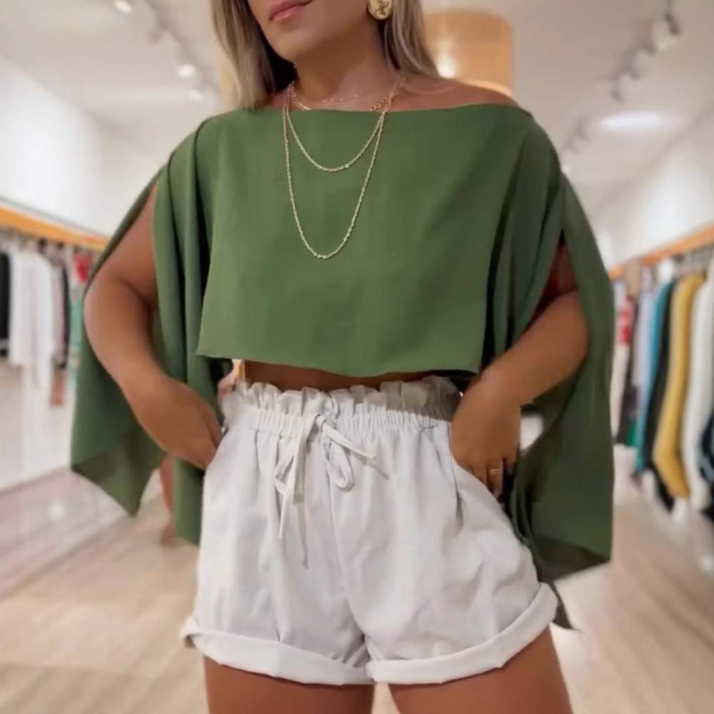 Solid Color Off shoulder Design More Than Split Sleeve Tops Green - Shop at LoveMi