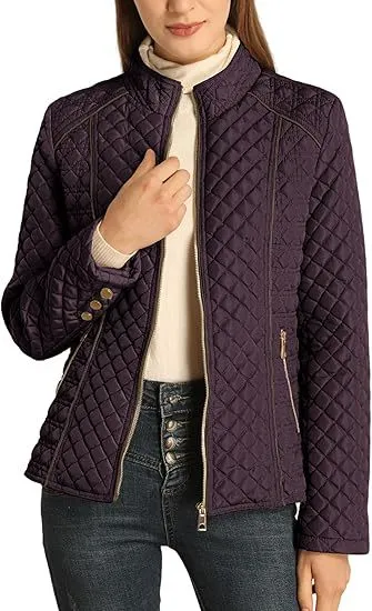 Women's Stand Collar Lightweight Quilted Padded Zip Jacket Wine Red - Shop at LoveMi
