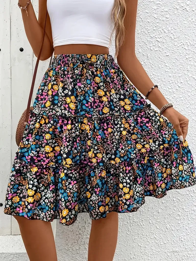 Floral Bohemian Ruffled Hem Skirt for Women - Black