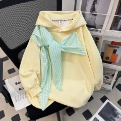 Bow-knot Plaid Strap Hoodie Women's Top - Yellow - View 1