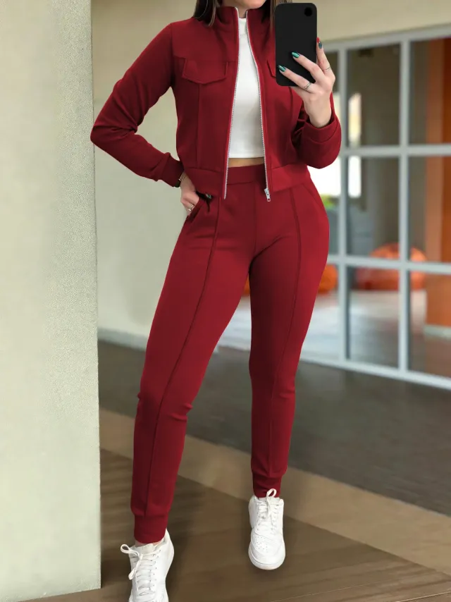 Women's Solid Color Fashion Casual Long Sleeve Pants Two piece Set Wine - Shop at LoveMi