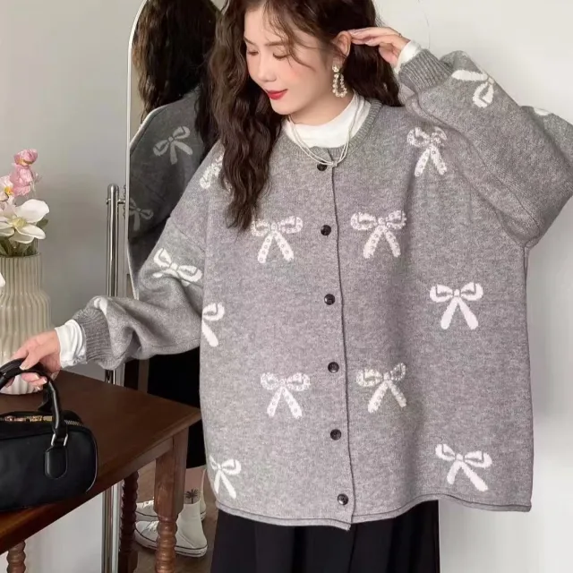 Bow Knit Sweater Coat Women Loose Design Sense Cardigan Top Casual Style Gray - Shop at LoveMi