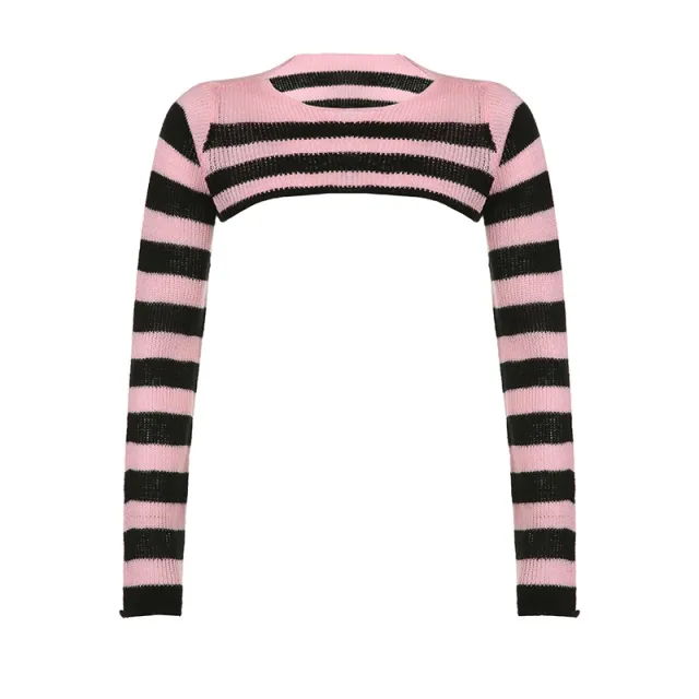 Black Color Matching Striped Casual Long Sleeve Wool Smock Top Black - Shop at LoveMi