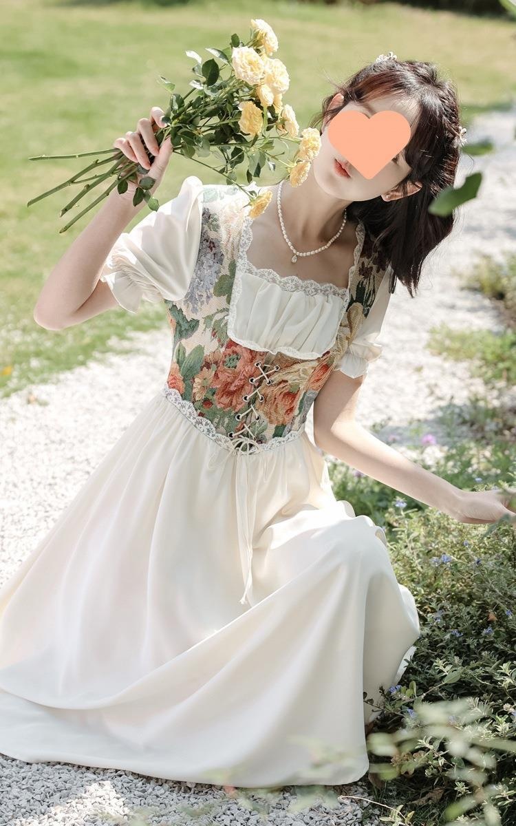 Temperament Court Princess Style Vintage Fake Two Pieces Floral Dress