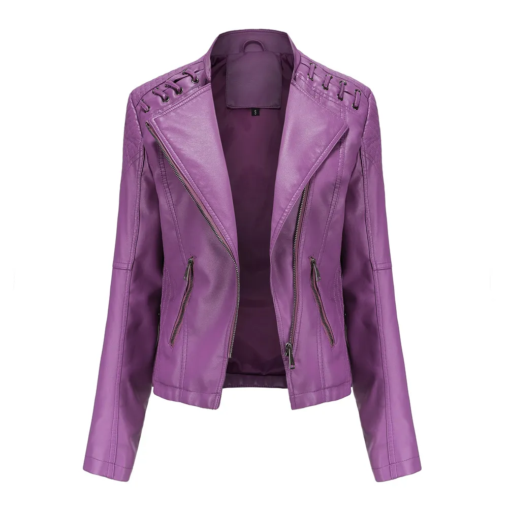Slim Fit Thin Leather Coat Women's Motorcycle Clothing - Violet 9