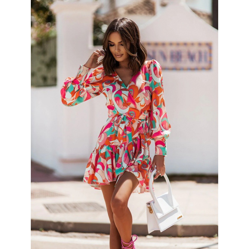 Long Sleeve V neck Printed Waist controlled Skirt Dress Orange Flower - Shop at LoveMi
