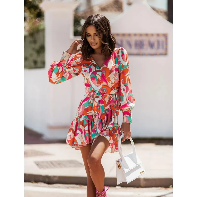 Long Sleeve V-neck Printed Waist-controlled Skirt Dress - Orange Flower