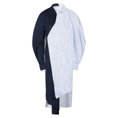 Color Collision Design Striped Dark Blue Dress All-match Loose Shirt Dress - Color - View 1