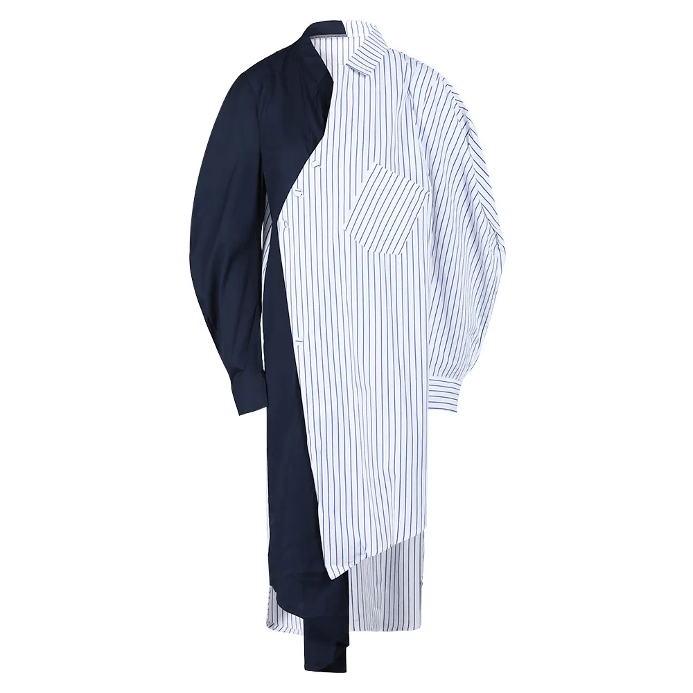 Color Collision Design Striped Dark Blue Dress All-match Loose Shirt Dress - Color