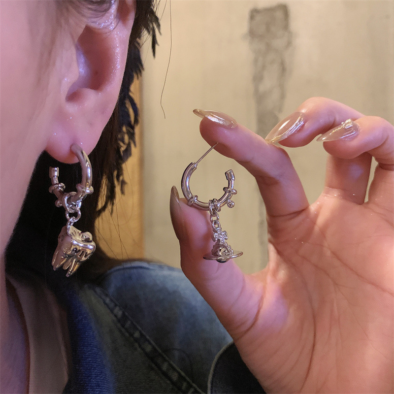 Asymmetric Tooth Letter Saturn Pendant Earrings