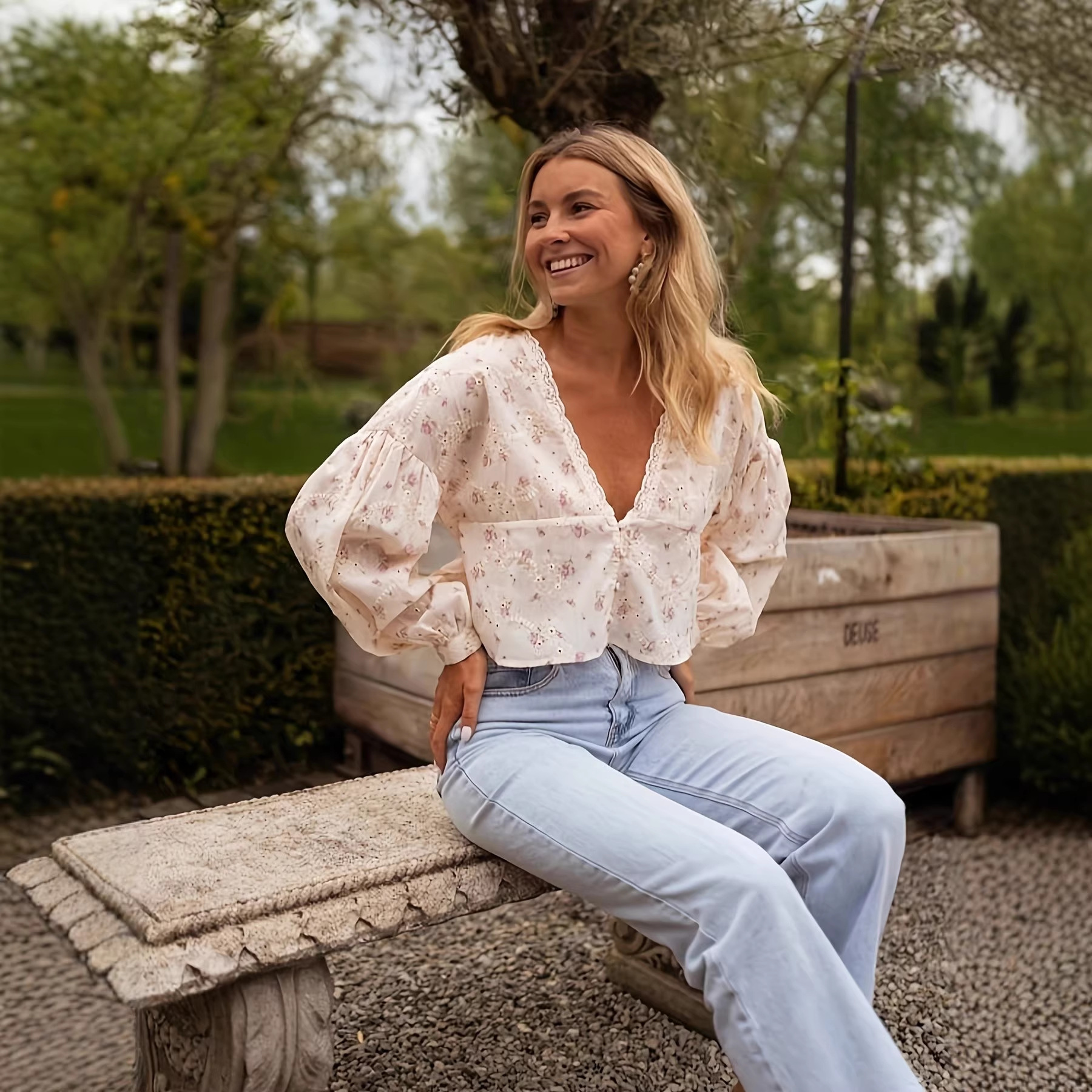 Embroidered Fabric Lantern Sleeves And A V-neck With Lace Detailinga Sophisticated Blouse