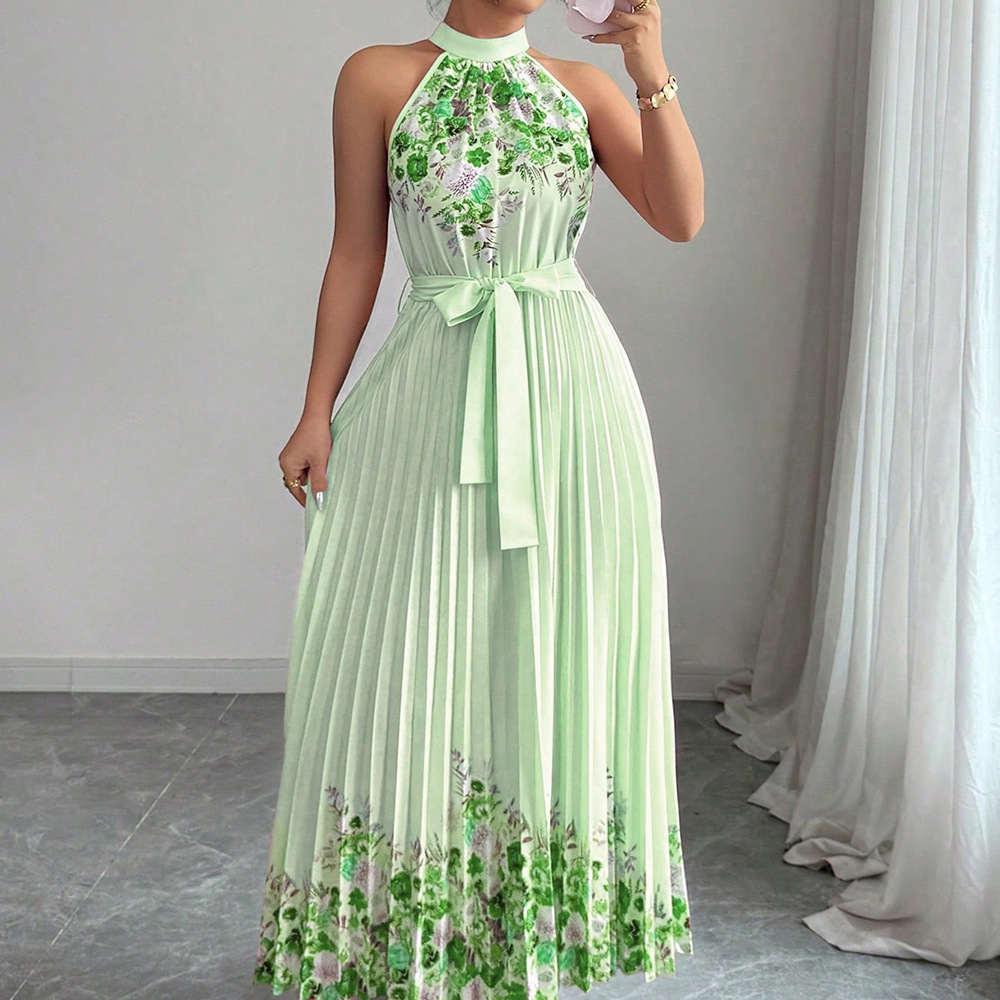 Women's Fashionable Printed Pleated Long Dress - Image 3