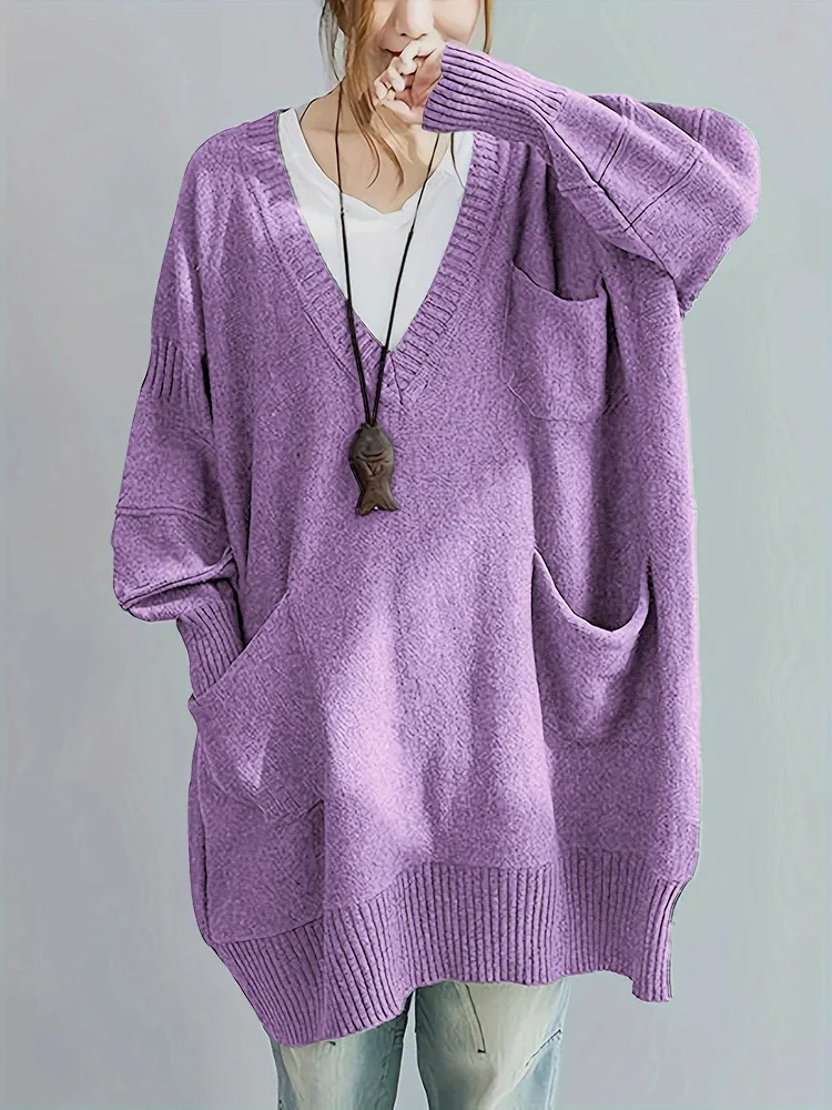Loose-fitting V-neck Long Sleeves Outerwear Sweater - Light Lilac-2Xl