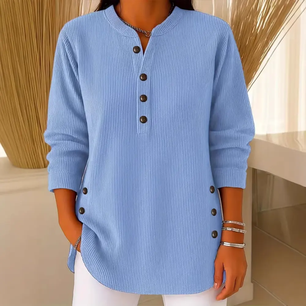 Womens Solid-color Corduroy Casual V-neck Long-sleeve Top with Buttons