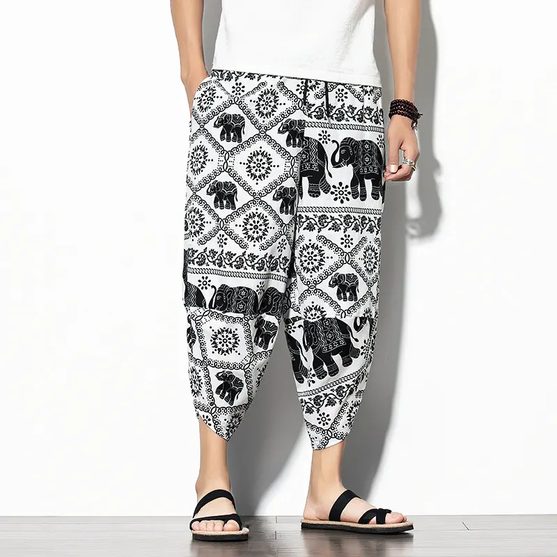 Printed Pants Baggy Cotton and Linen Loose Casual Cropped