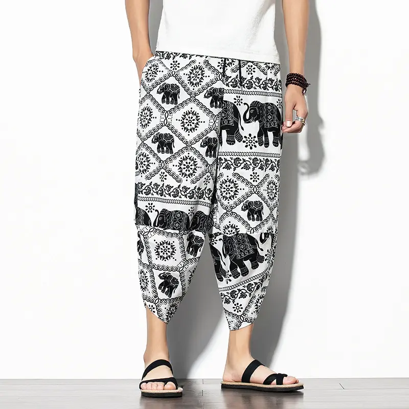 Printed Pants Baggy Cotton And Linen Loose