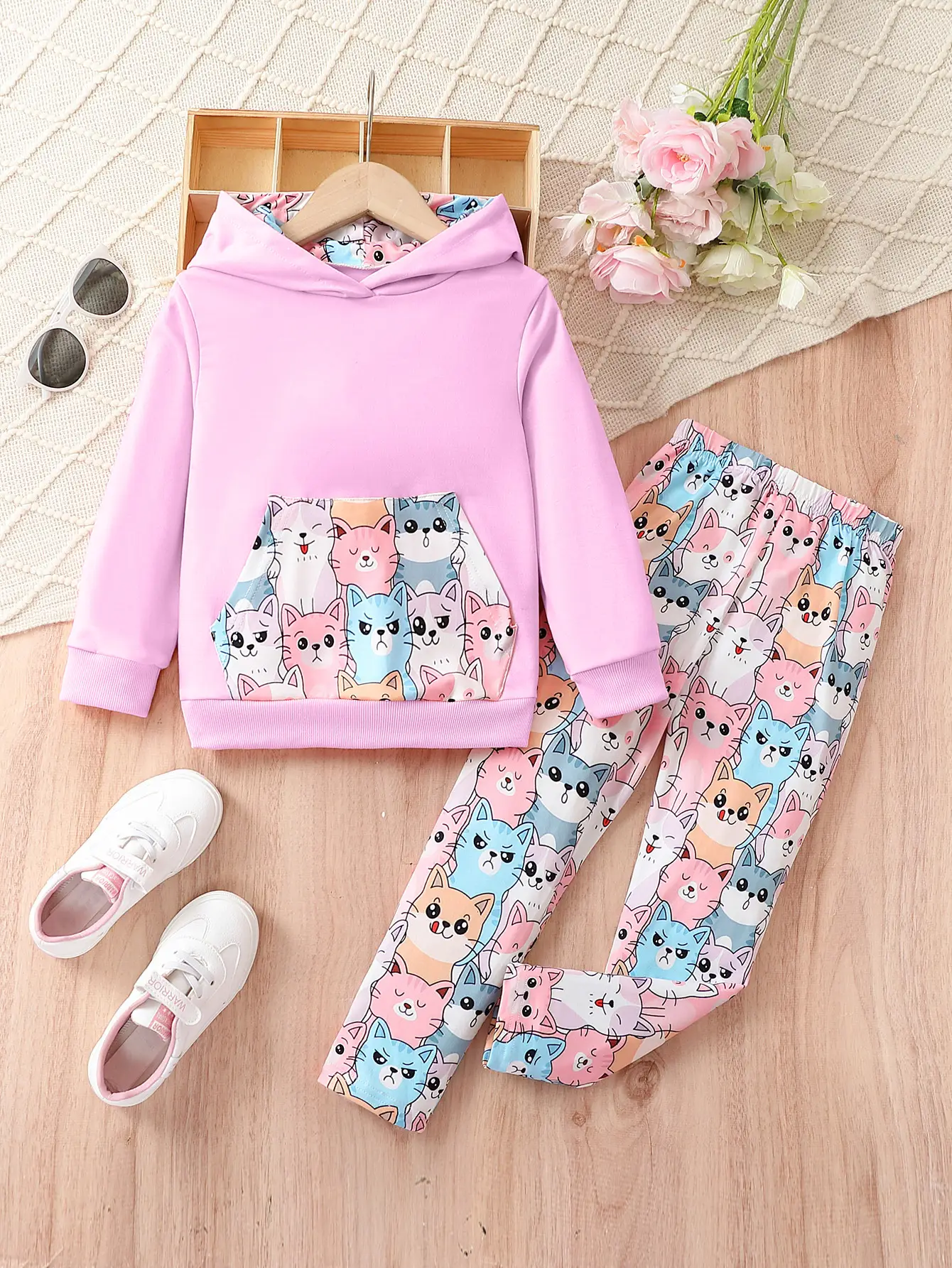 Children Girl Cartoon Cat Long Sleeve Trousers Suit