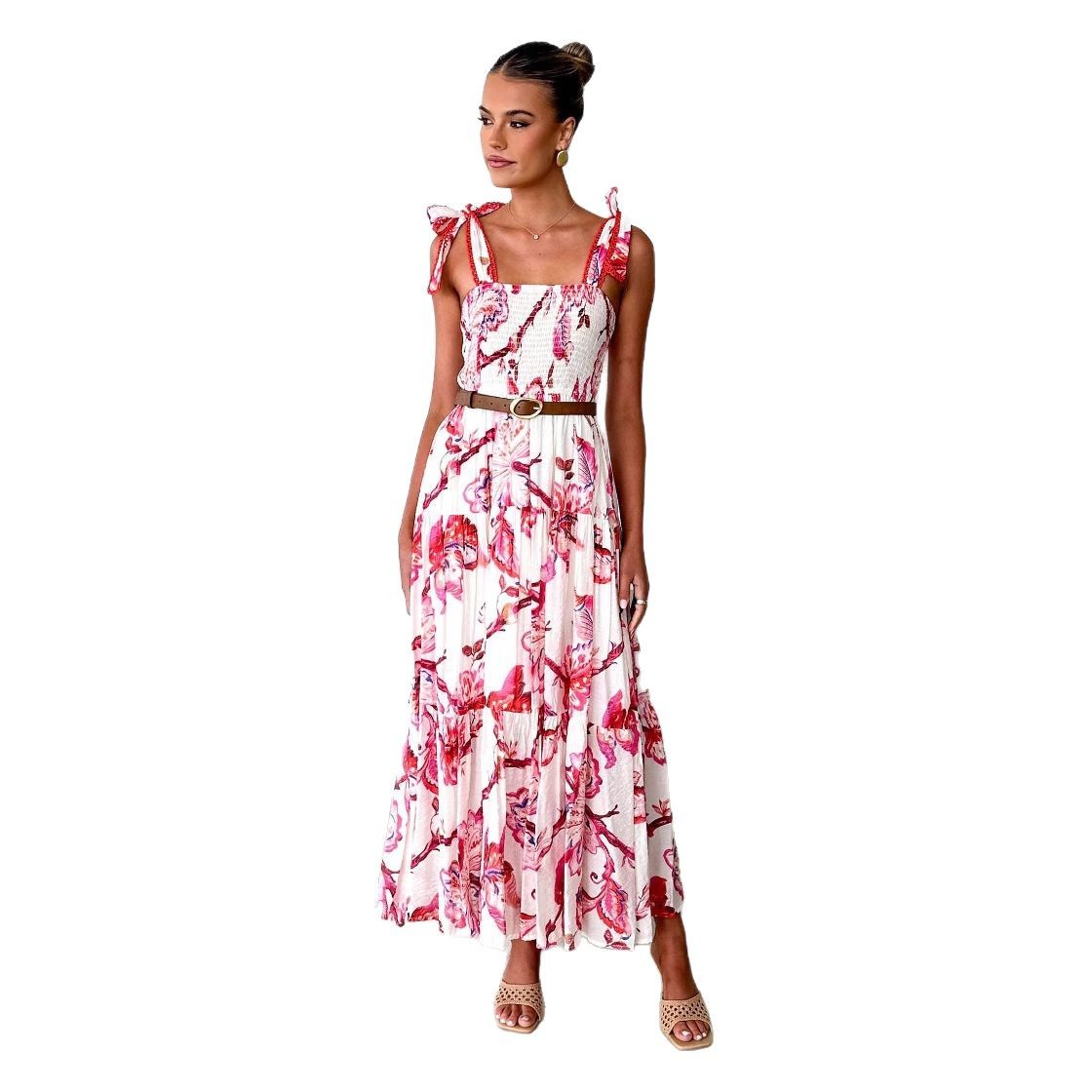 Women's Sling Smocking Elastic Waist Shoulder Strap Dress