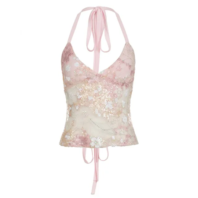 Backless Lace Up Lace Halter Lace up Vest Pink - Shop at LoveMi