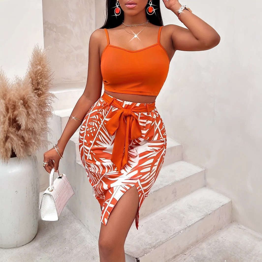 Strap Top Printed Belt Skirt Suit